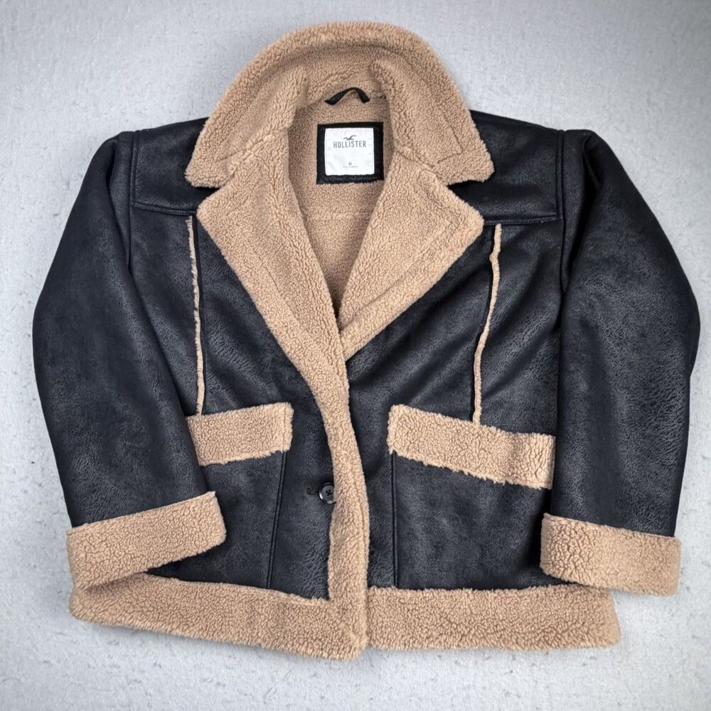 Hollister Women's Medium Faux suede Fleece Lined Button Black Brown Jacket Fall